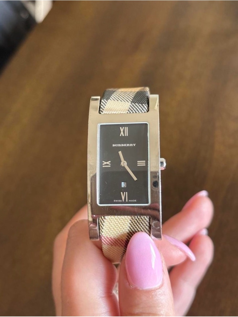 Burberry Silver Case Leather Strap Rectangular Watch - Picture 2 of 5